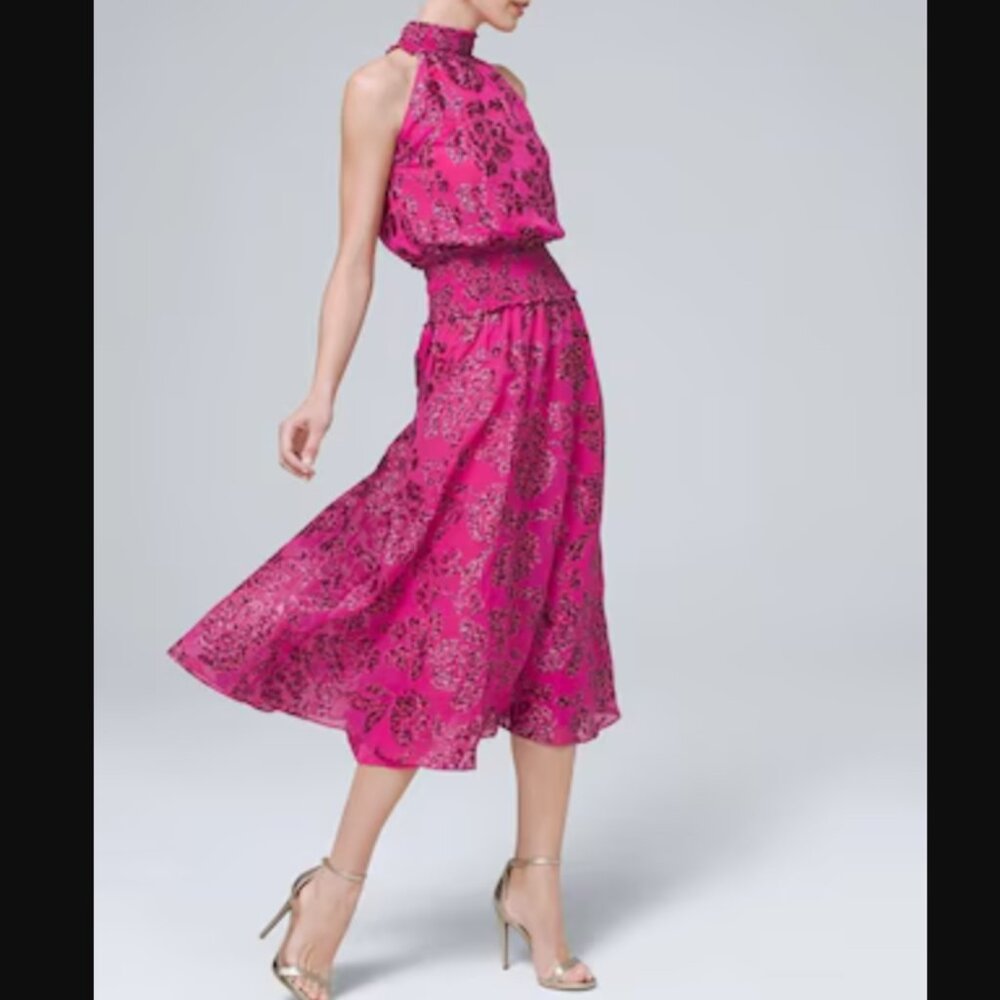 White House Black Market Floral Burnout Smocked-Neck Midi Dress Size 4 Pink - Picture 1 of 9